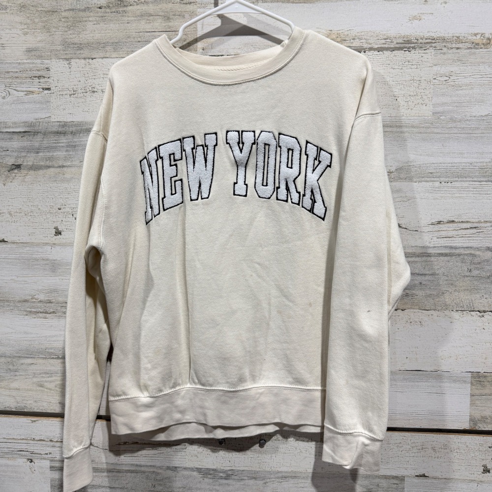 New York Popular Sweatshirt Women XL Cream Graphic Collegiate Streetwear *Flawed